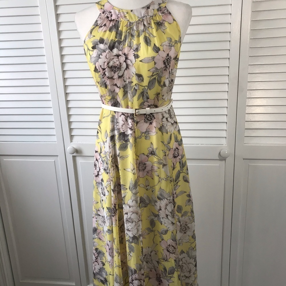 Price is firm TOMMY HILFIGER Yellow Floral Print Belted Midi Dress Size 4 - Picture 2 of 9